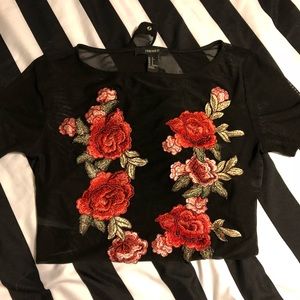 F21 mesh body suit with floral patches